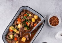 Тушеная говядина с картошкой в сковороде