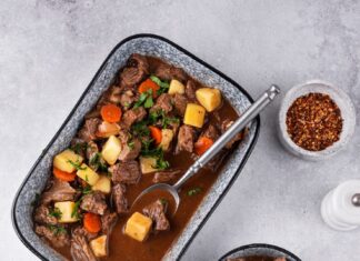 Тушеная говядина с картошкой в сковороде